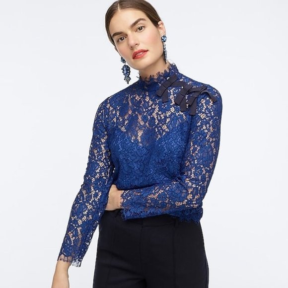J.Crew Lace MockNeck Top Blue (Size 4) - Picture 1 of 2
